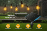 Solar-powered outdoor light fixture with LED bulbs in a backyard setting.
